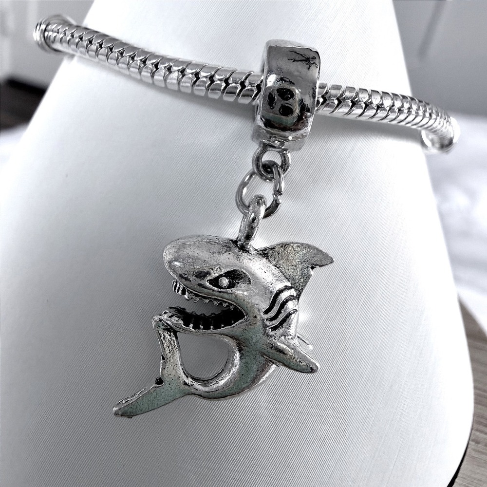 Silver Shark Dangle Bead Charm Fits European Snake Chain Bracelet